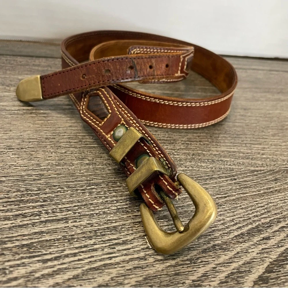 Academy Brown Leather Men's Belt. Italy. Brass like accents. Pre-owned. Lizard